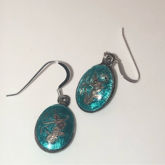 Vtg Sterling & Blue Green Enamel Siam Silver Goddess Earrings 925 / 1.2” - Picture 7 of 9